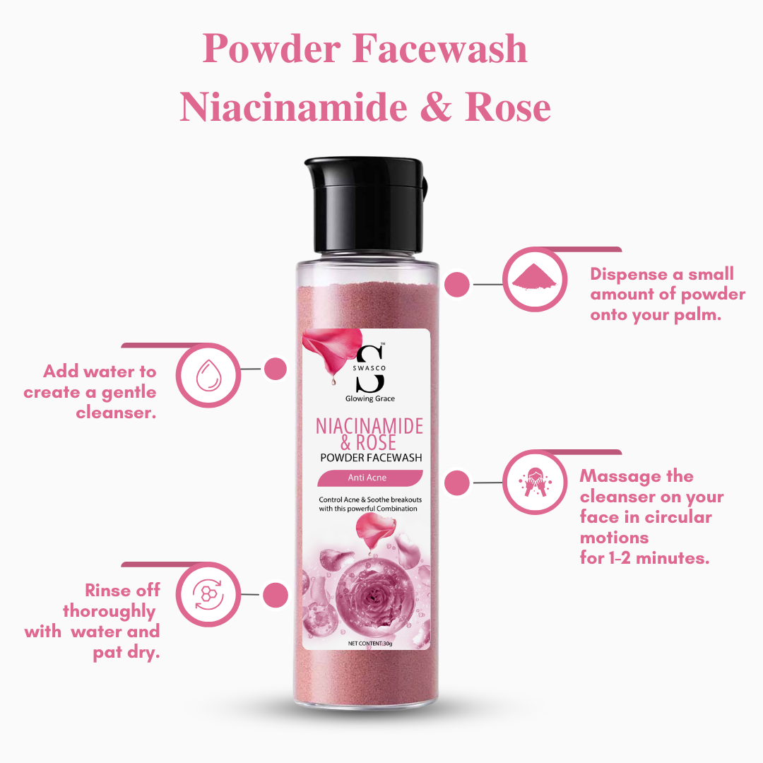 SWASCO ROSE & NIACINAMIDE ACID POWDER FACE WASH - ANTI-ACNE